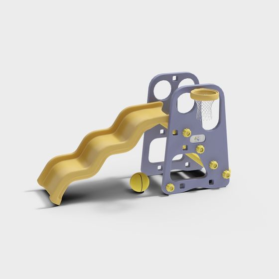 Yellow and purple plastic kids slide with basketball hoop on white background