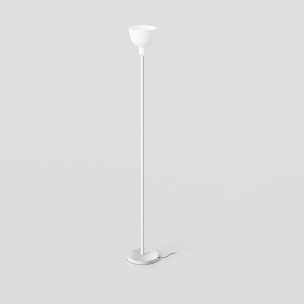 Modern white floor lamp with round base and upward light shade on grey background