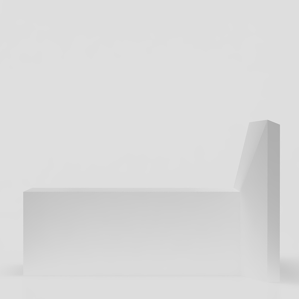White modern bed frame with low headboard and solid rectangular base on grey background