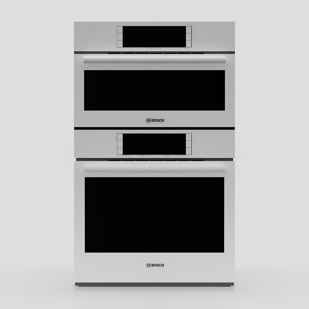 Two stacked Bosch stainless steel ovens with black glass doors and digital displays on grey background