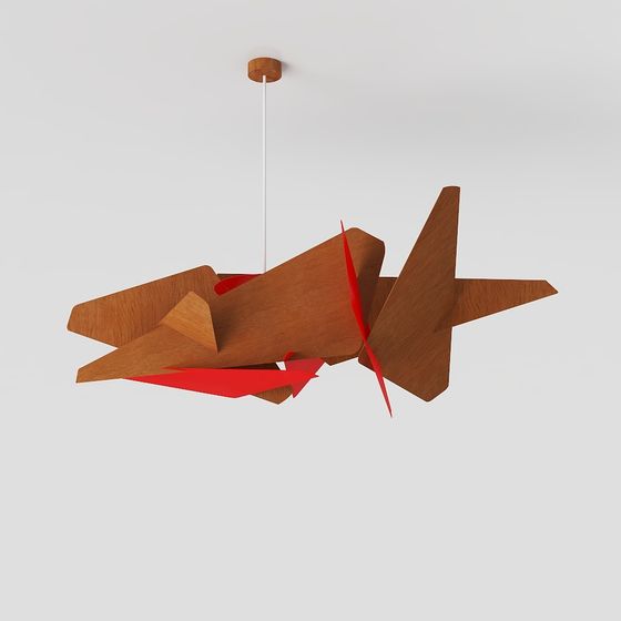 Modern wood and red metal ceiling light with geometric design on grey background