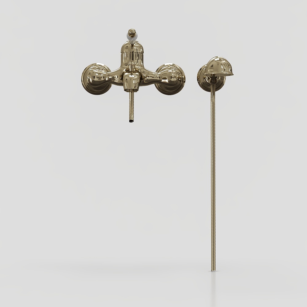 Classic gold metal wall faucet with handheld shower head on grey background