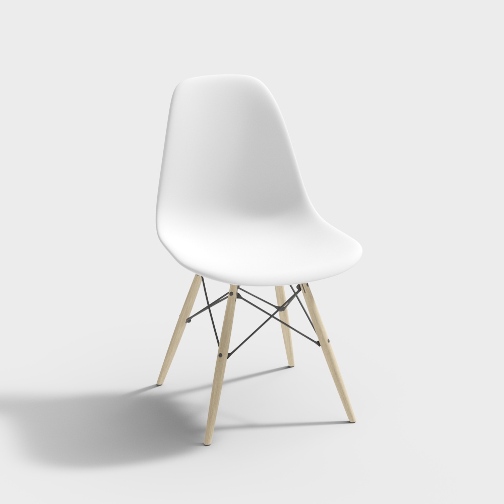Modern white plastic dining chair with wooden legs and black metal crossbars on grey background