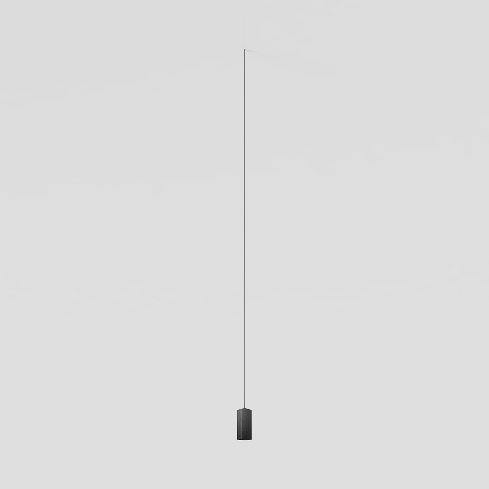 Modern black metal ceiling light with long cord and single bulb on grey background