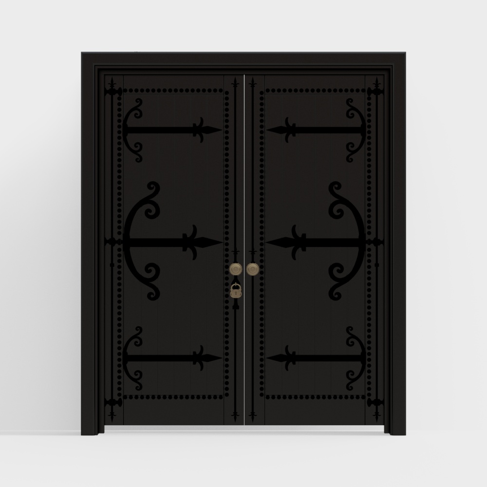 Gothic Door 3D Model – Black Finish with Golden Hardware