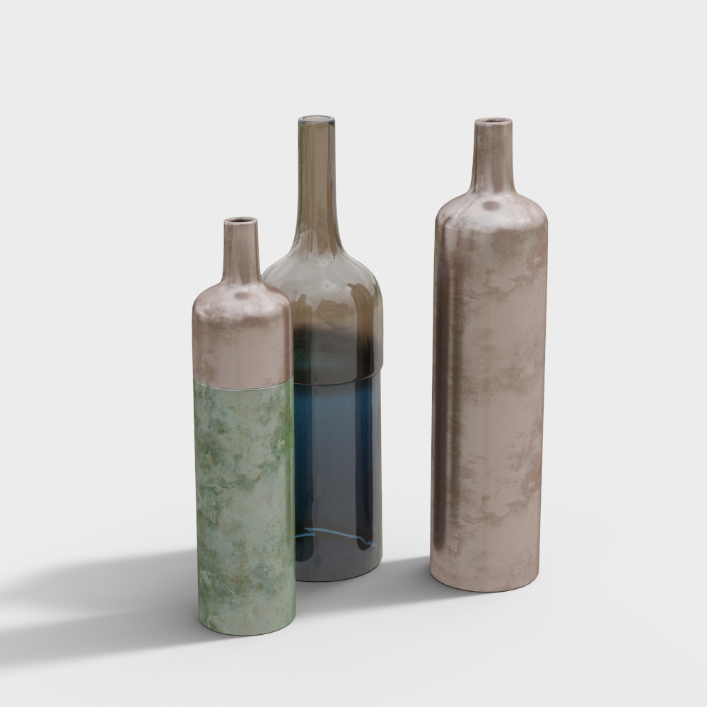 Elegant Low Poly Bottle Set 3D Model – Metal & Marble Textures