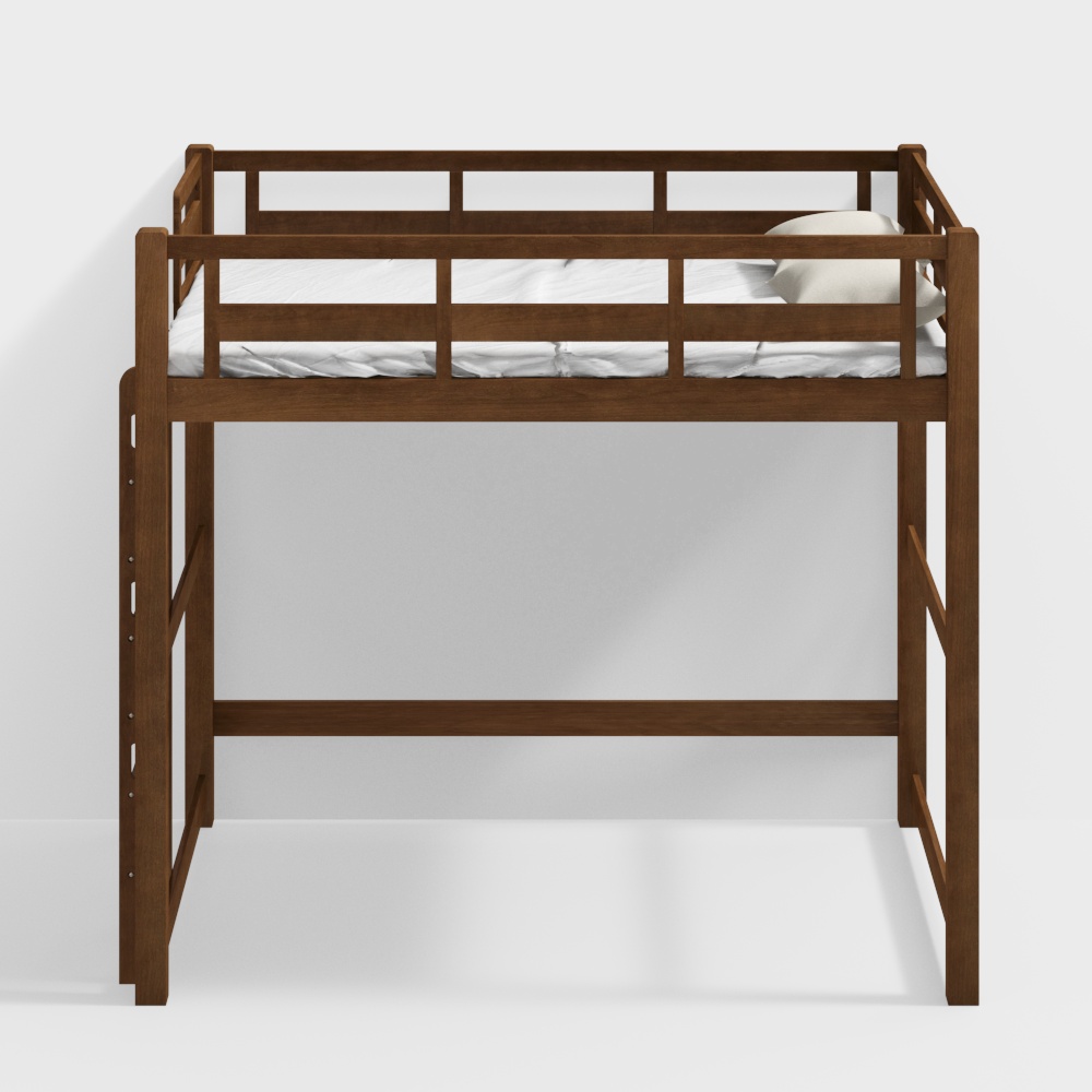 Loft Bed Frame [Side Straight Ladder - Front] Walnut Color