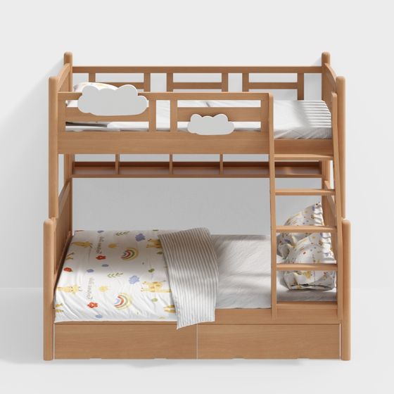 Giường tầng Bắc Âu có ngăn kéo và giá sách - màu gỗ tự nhiên;