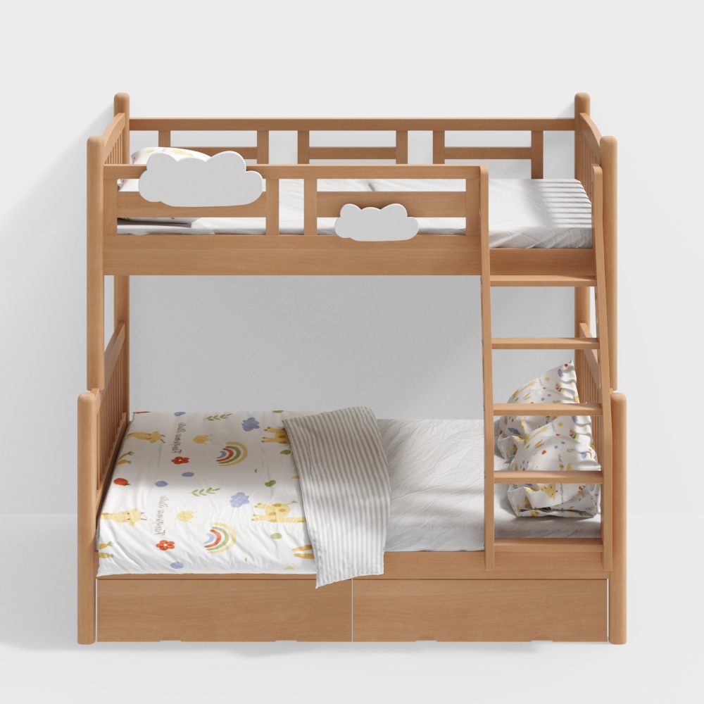 Нордическая двухъярусная кровать с ящиком - натуральный цвет дерева