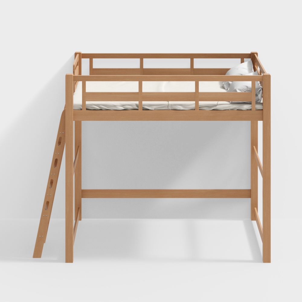 Каркас чердачной кровати [боковая наклонная лестница - спереди] натуральный цвет дерева