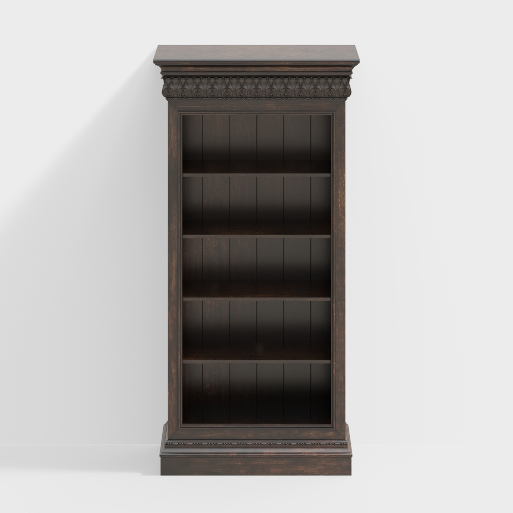 Traditional dark wood bookcase with carved top and five shelves on white background