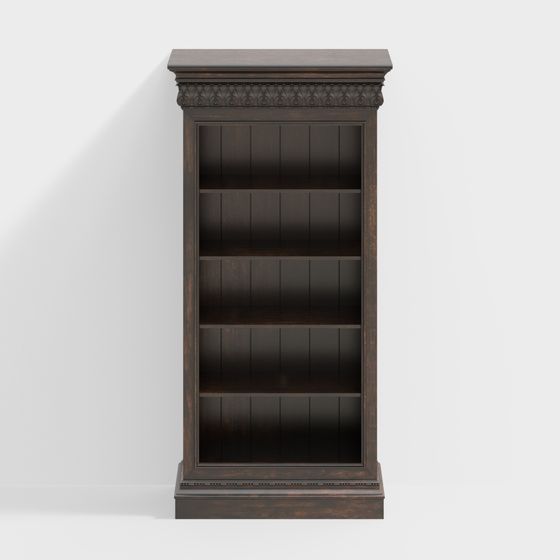Traditional dark wood bookcase with carved top and five shelves on white background