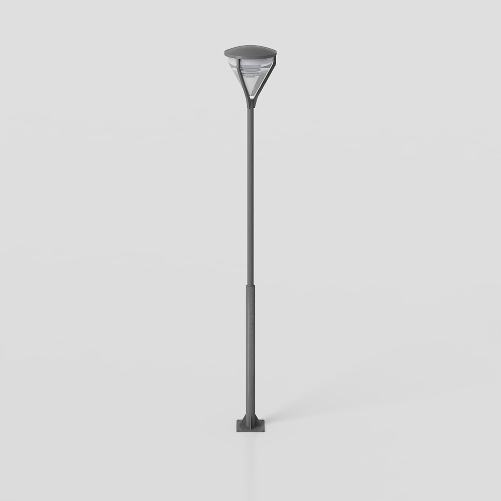 Modern grey metal outdoor street light with clear glass lamp and square base on grey background