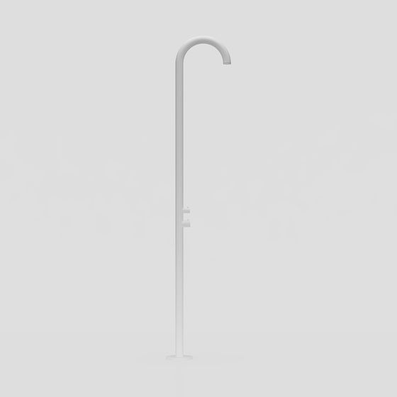 Modern white floor standing bathtub faucet with curved spout and dual handles on grey background