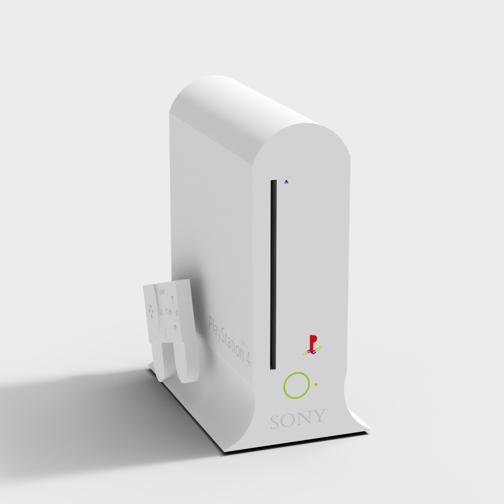 White Sony PlayStation 4 console with two controllers and vertical stand on white background