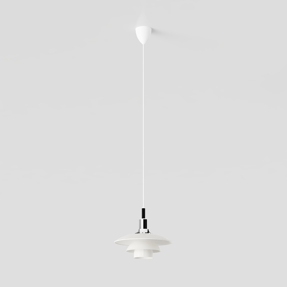 Modern white hanging ceiling light with black details on grey background