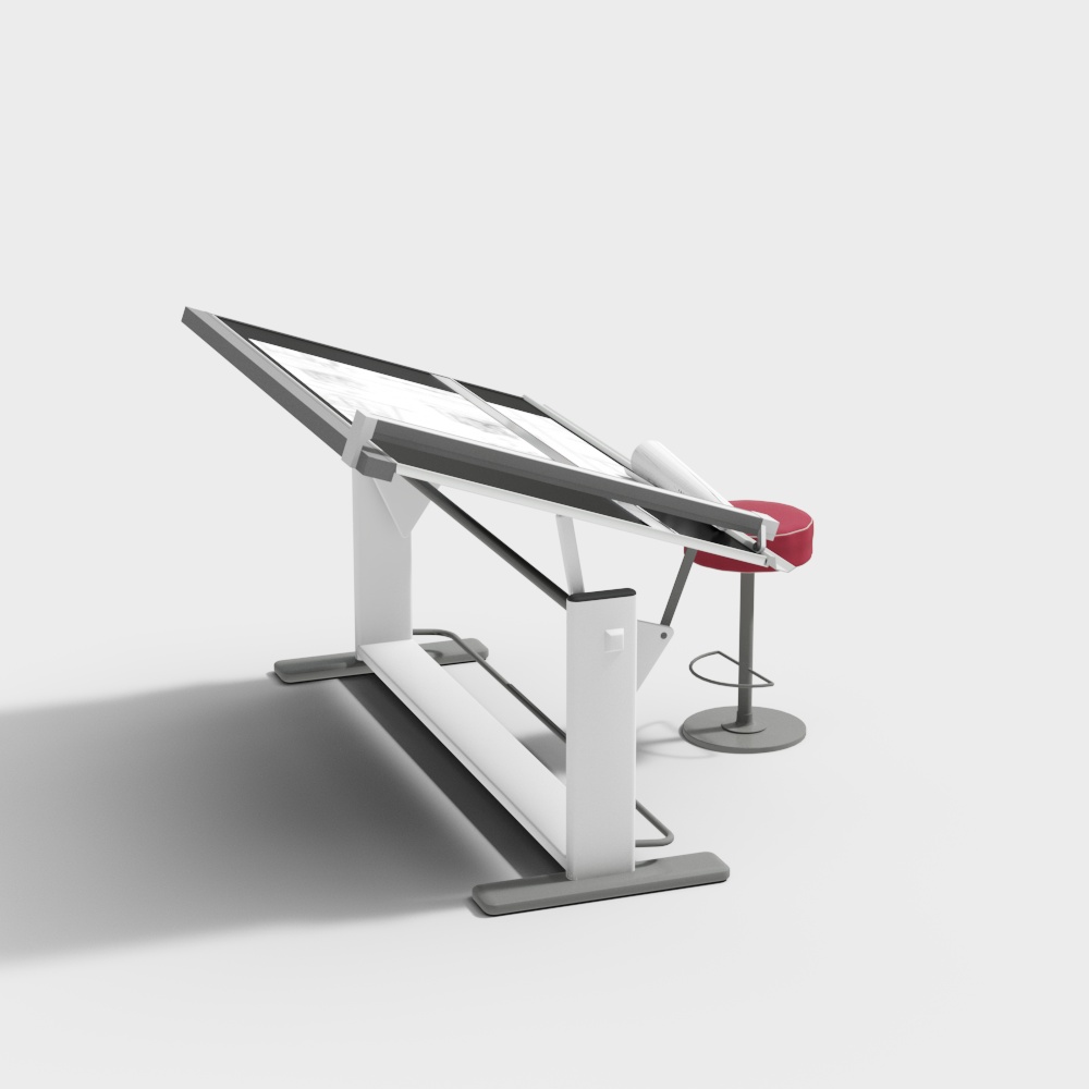 Modern white drafting table with grey frame and red stool on light grey background