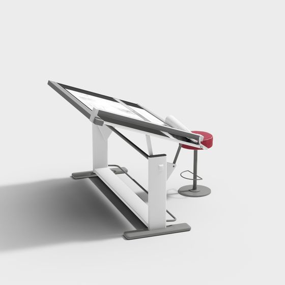 Modern white drafting table with grey frame and red stool on light grey background