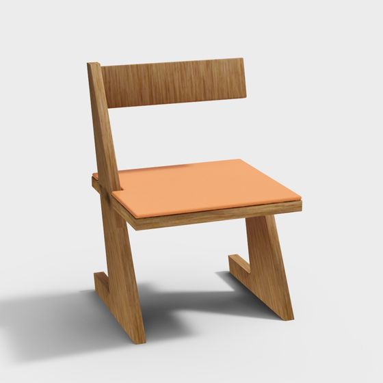 Stylish Wooden Chair 3D model with Orange Cushion