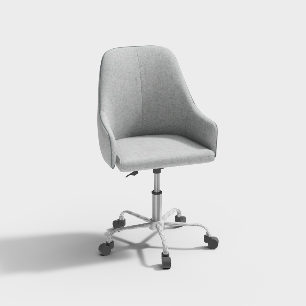 Modern light grey fabric office chair with silver base and black wheels on white background