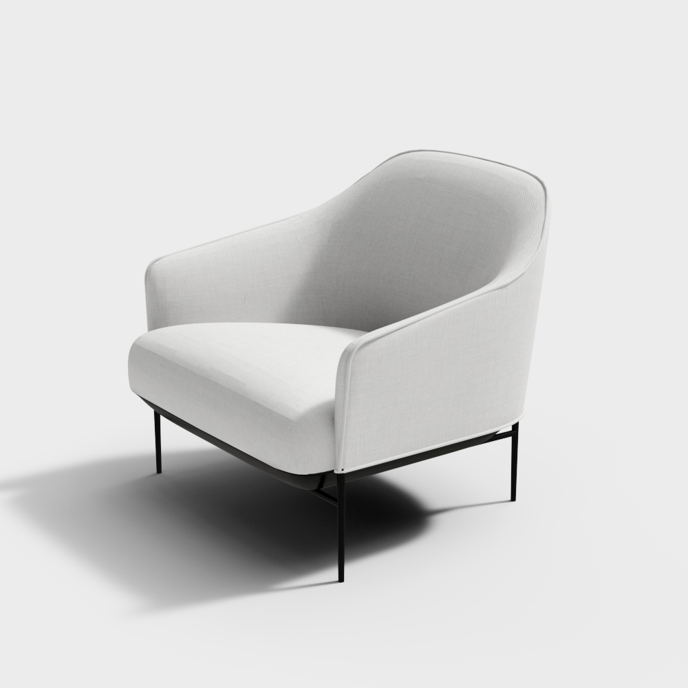 Modern white fabric armchair with black metal legs on grey background