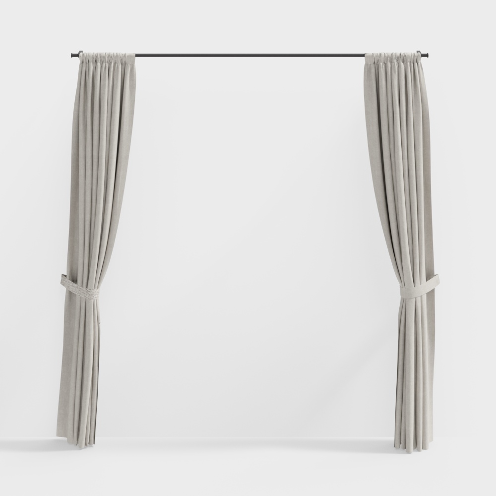 Light grey fabric curtain with tie backs on black rod on white background