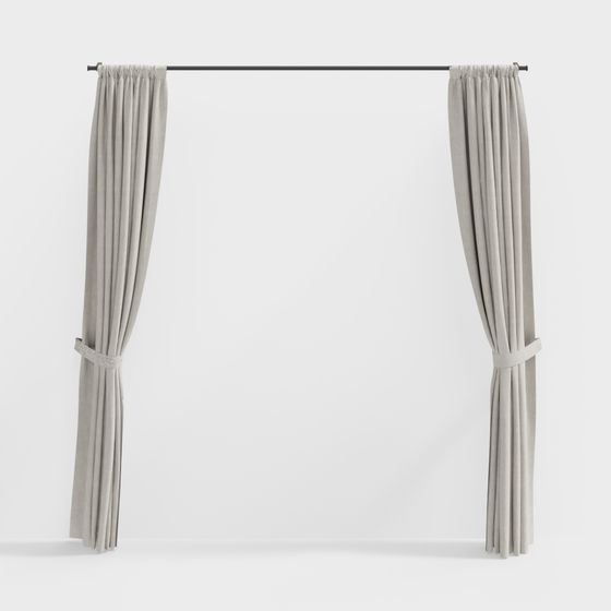 Light grey fabric curtain with tie backs on black rod on white background