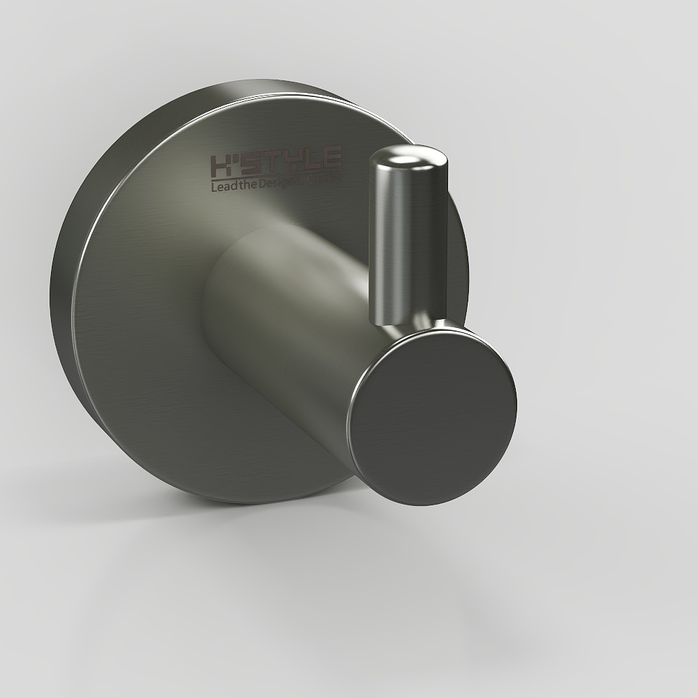 Modern matte black metal wall hook with round base on grey background