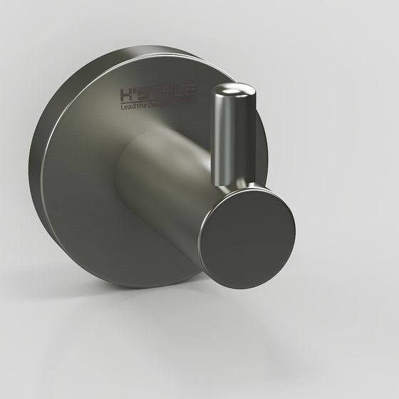 Modern matte black metal wall hook with round base on grey background