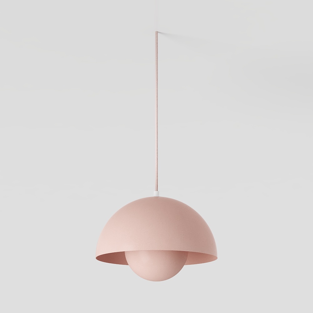 Modern pink metal dome pendant light with round bulb on white background