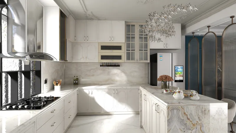 Modern white kitchen with marble island, wood cabinets, decorative ceiling light, and sunlight through windows