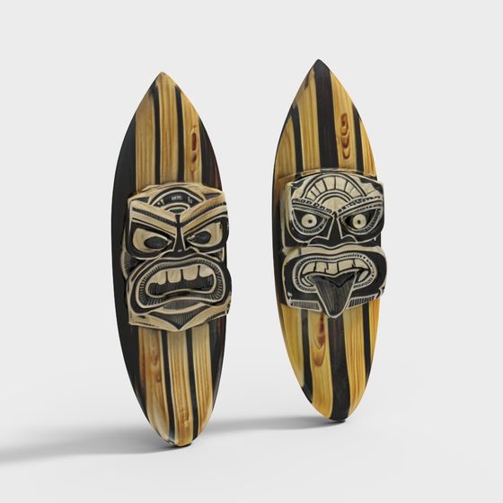 Low Poly Tiki Mask Surfboard 3D Model