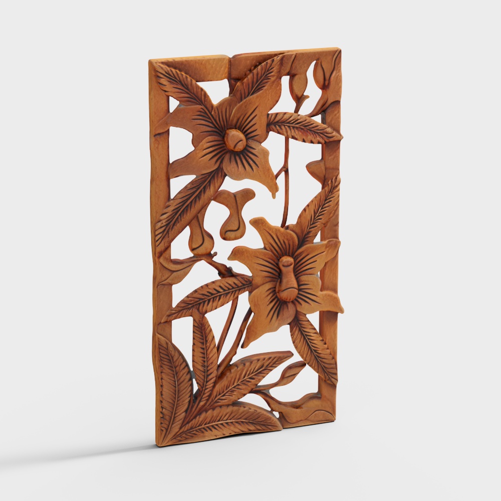 Tropical Floral Panel 3D Model – Carved Wood Detail