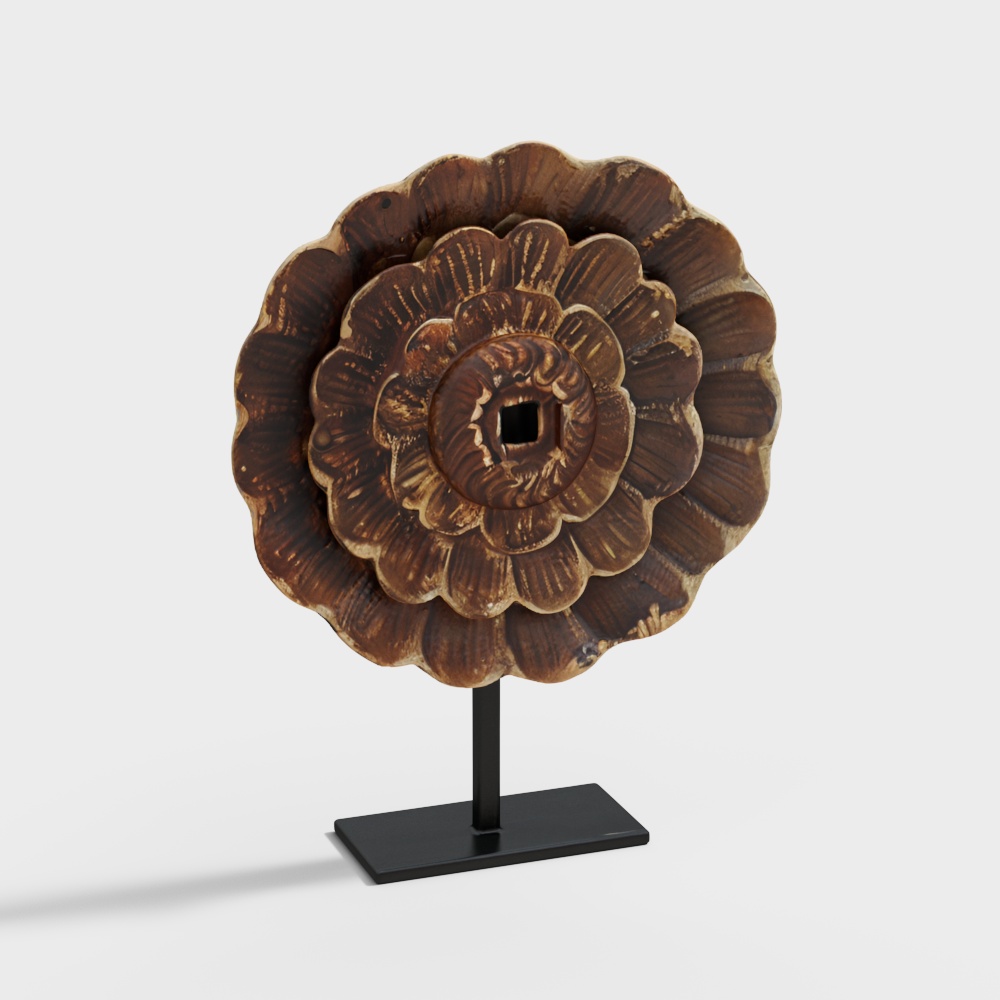Vintage Wood Carved Flower 3D Model – Rustic Low Poly Design