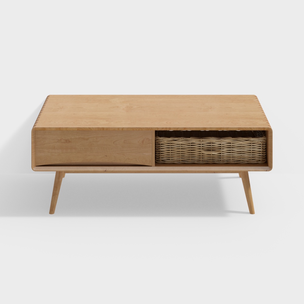 Light wood coffee table with drawer and wicker basket storage on white background