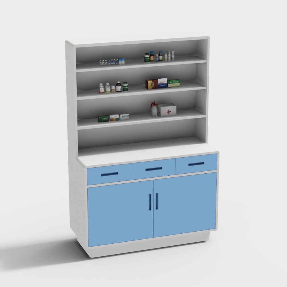 High Cabinet in Modern Hospital Dressing Room Pharmacy Without Doors