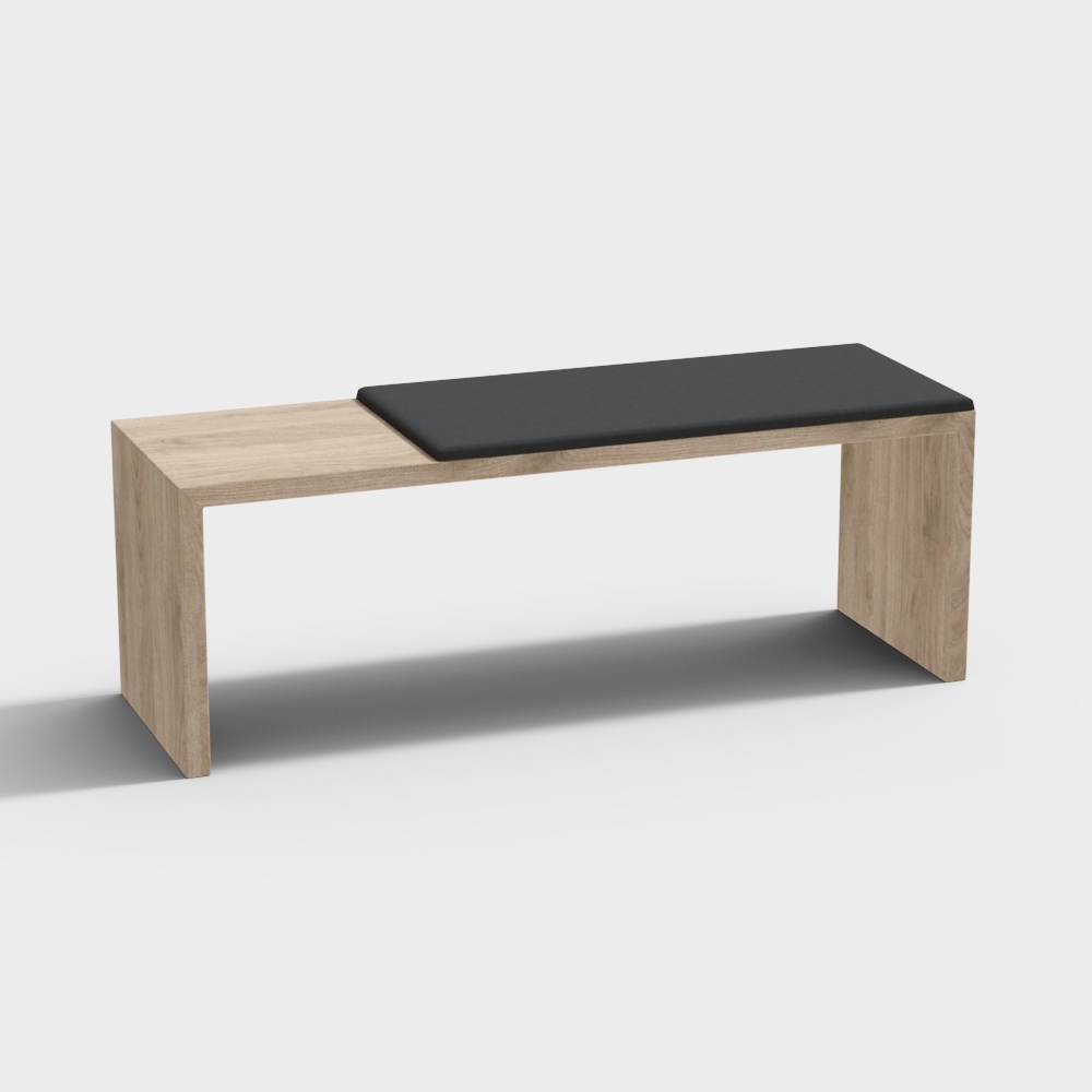 Nordic Japanese Long Bench - Black Leather with Natural Wood Color