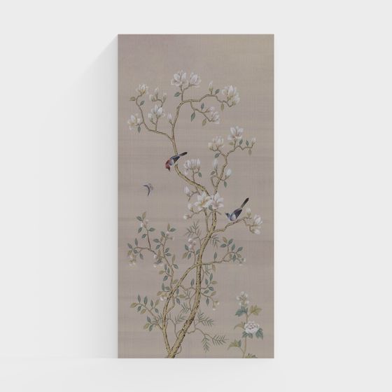 愛爾蘭牆布刺繡背景牆 - 新中式花鳥壁畫 - 適合酒店、別墅、俱樂部、茶館、餐廳、民宿、客廳、入口和書房 - 杏色