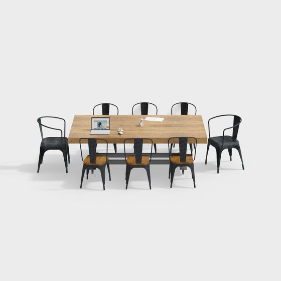 Industrial Style Conference Table and Chairs Set 3D model