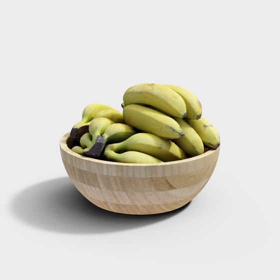 Wooden Bowl with Fresh Bananas 3D model