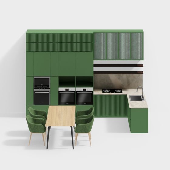 Stylish Low-Poly Green Kitchen Design 3D model