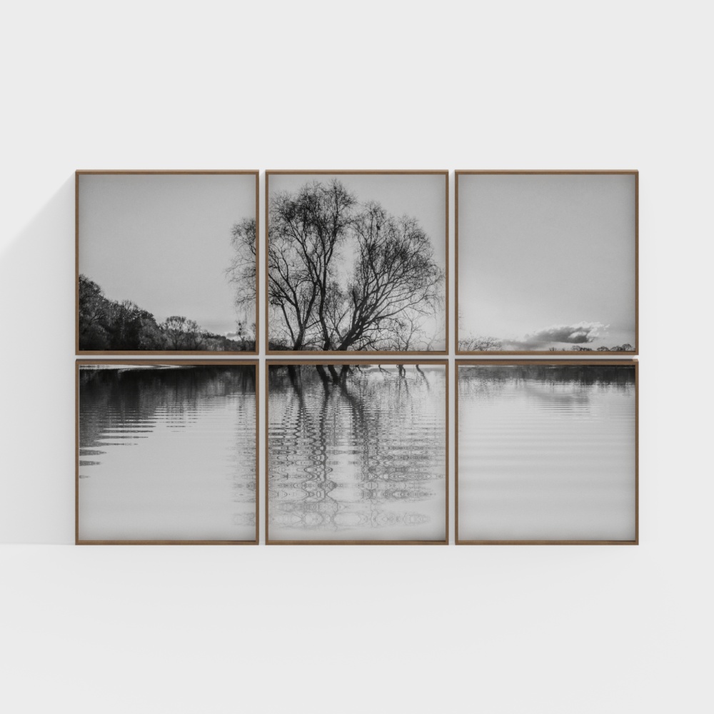 6 Quadros &Aacute;rvore e Lago em Preto e Branco - Decore Pronto