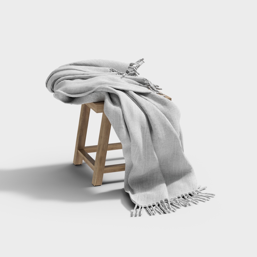 Elegant Minimalist Wooden Stool with Gray Blanket 3D model