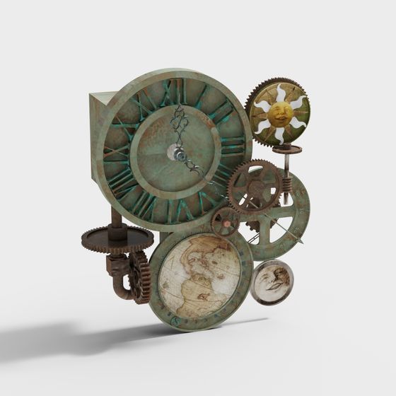 Retro Steampunk 3D Model with Gears and Timepieces