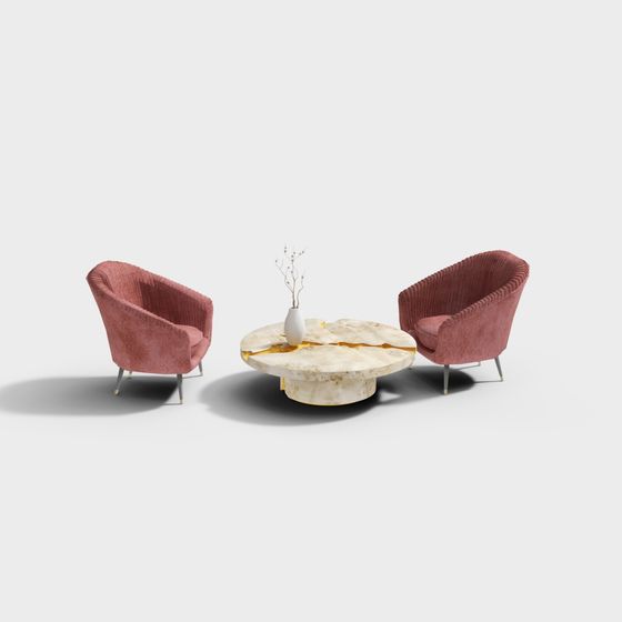 Elegant Pink Velvet Armchair and Marble Coffee Table 3D model
