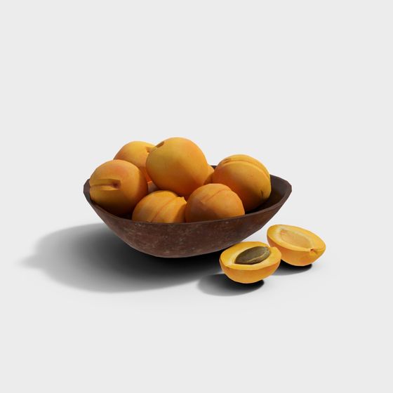 Realistic Apricot 3D model in Wooden Bowl