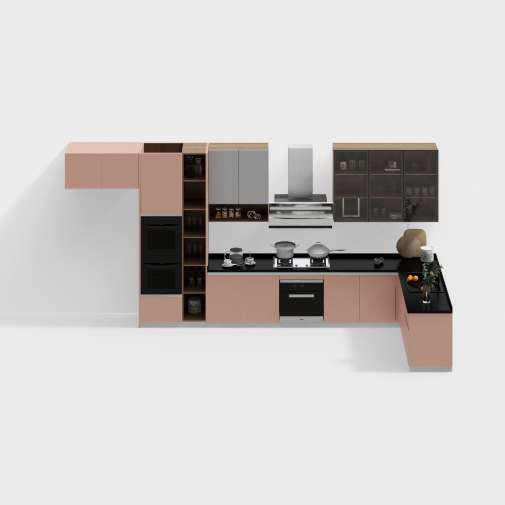 Modern Low-Poly Kitchen Design 3D Model – Pink & Gray Style