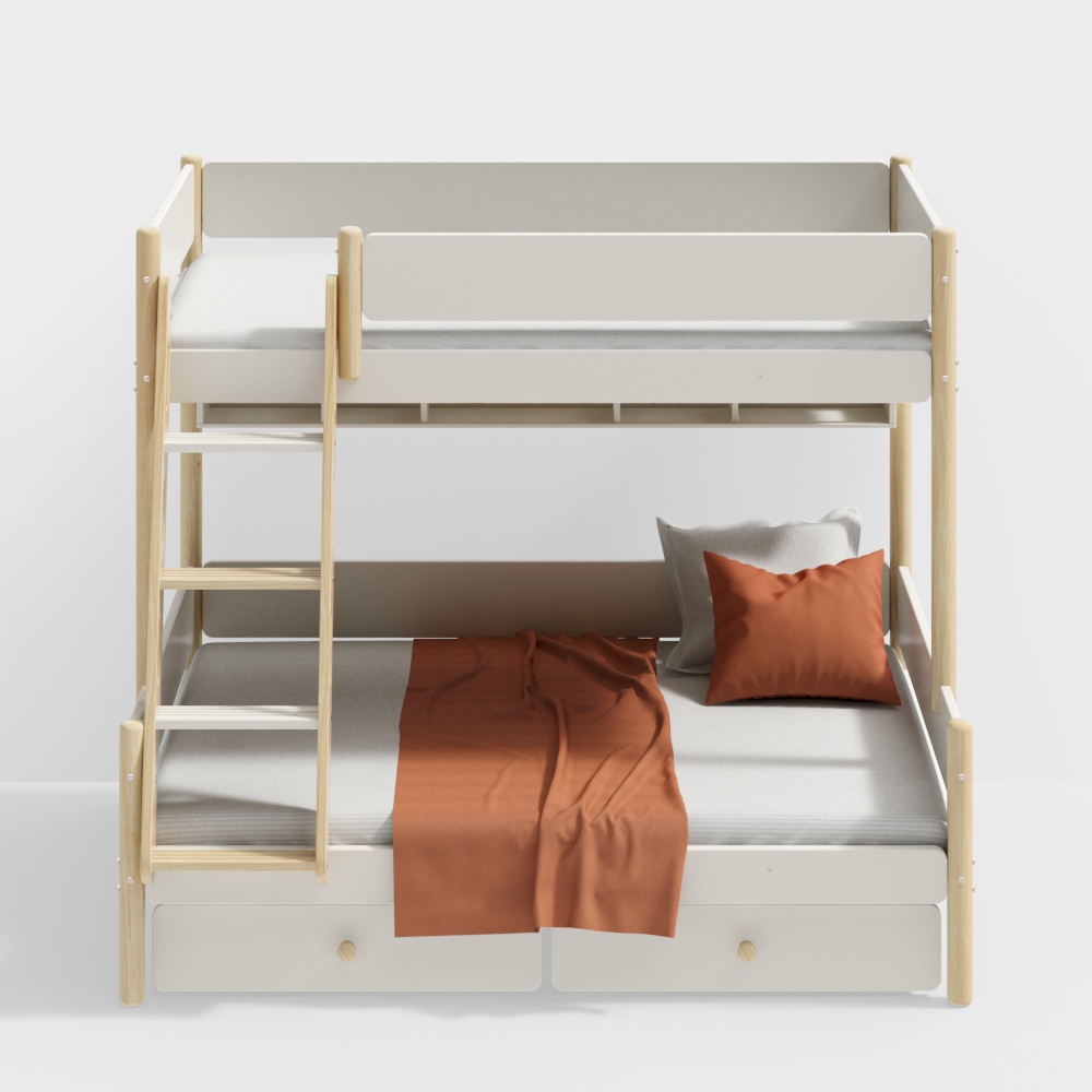 Nordic High-Low Bunk Bed for Kids, Simple Design for Small Apartments, Solid Wood, Double-Layer Bed - Natural Wood Finish with Drawers and Bookshelf 1200mm