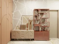 Cream cabinet with decor placed against a geometric wall next to a tall wooden shelf