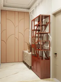 Modern hallway interior with pink wall panel dark wood cabinet and a white marble floor
